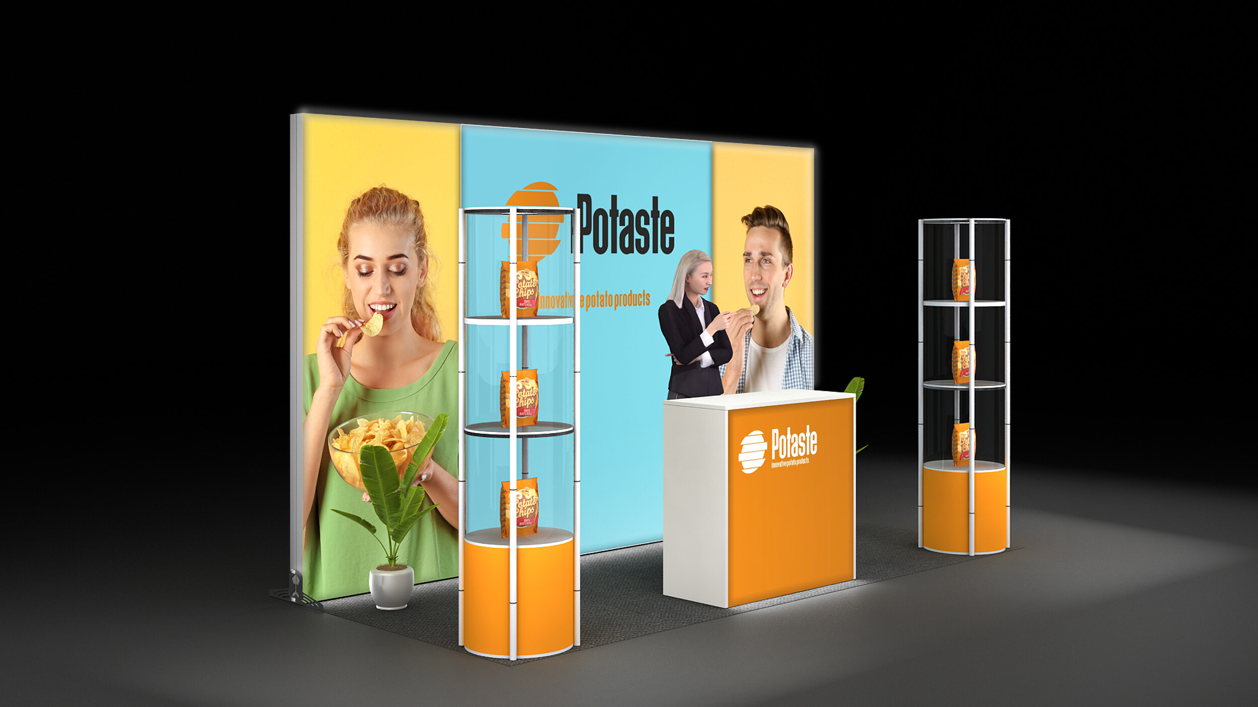 LED Messewand mit Faltvitrinen und Theke LED Messewand mit Faltvitrinen und Theke