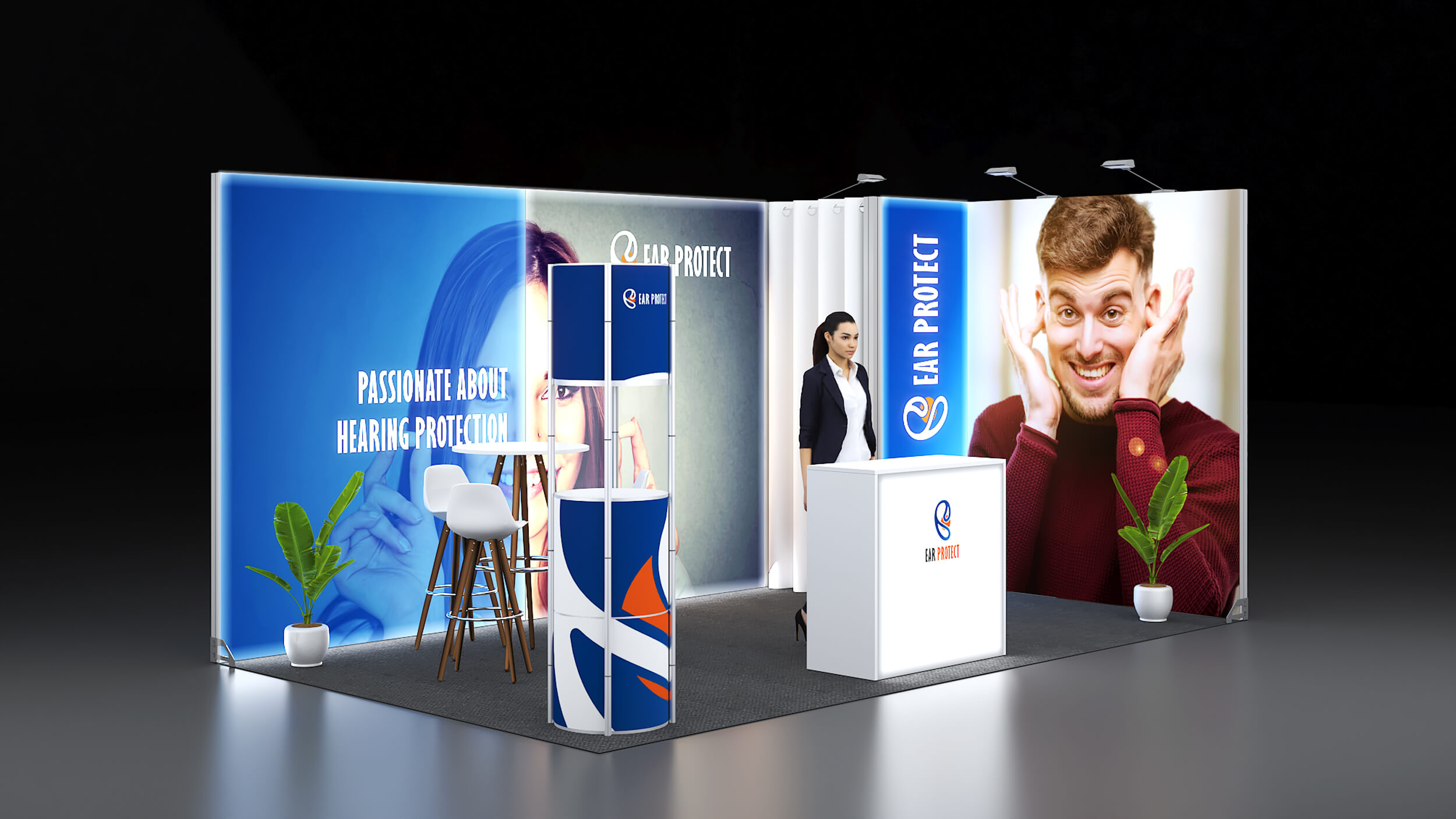 Messestand mit Vitrine und Theke Messestand mit Vitrine und Theke