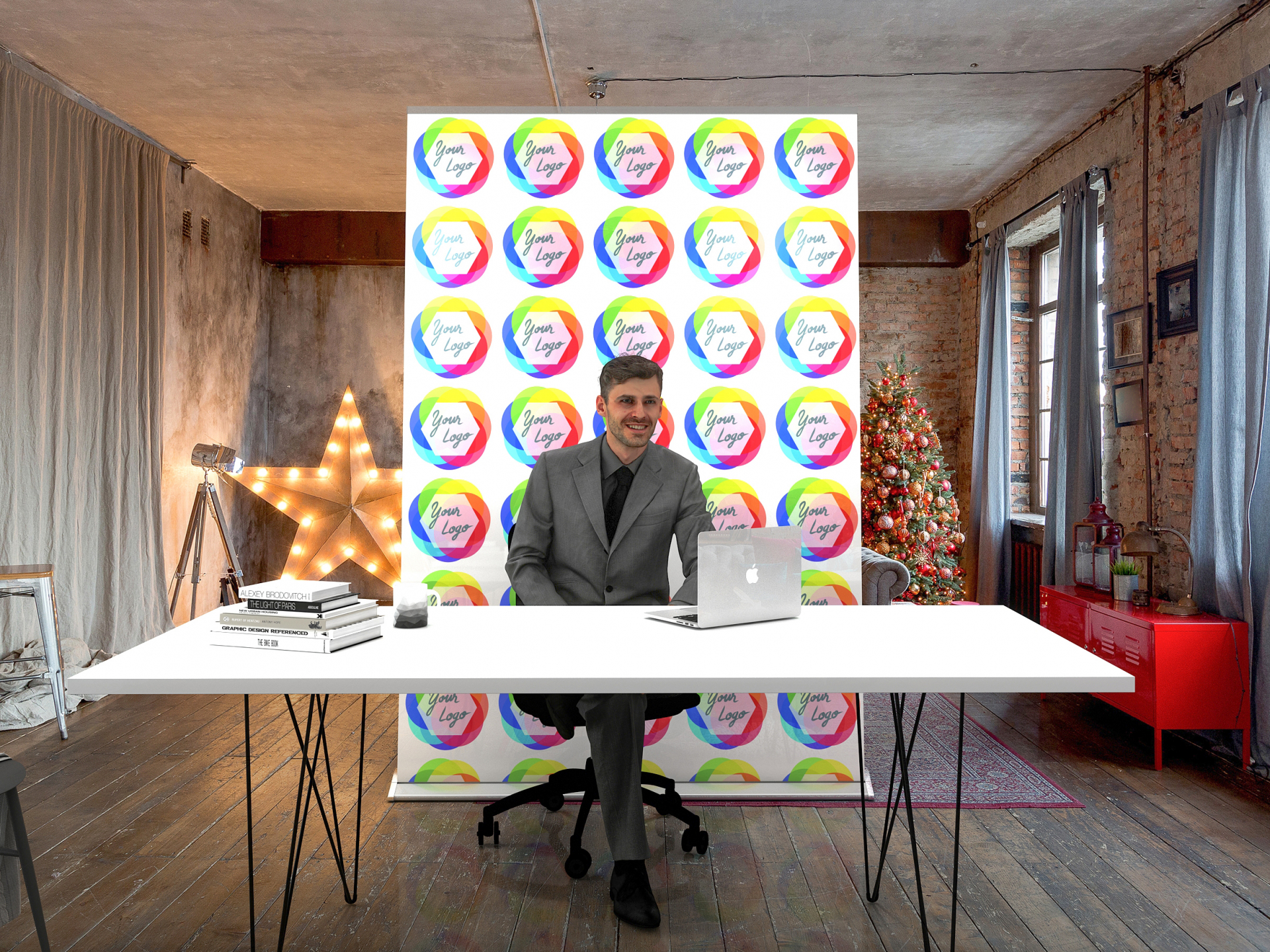 Rolldisplay für Videokonferenz Rückwand