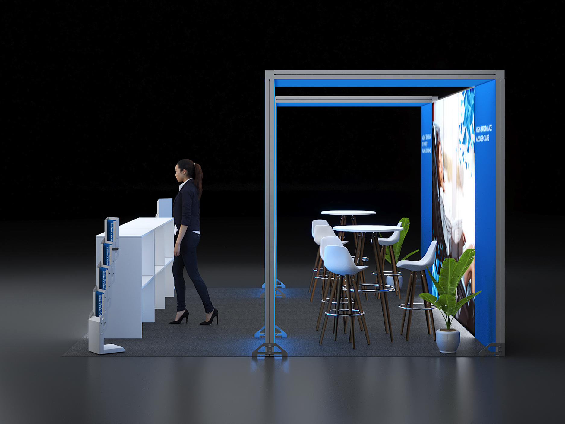 LED Messestand mit Brücken und Theken 3