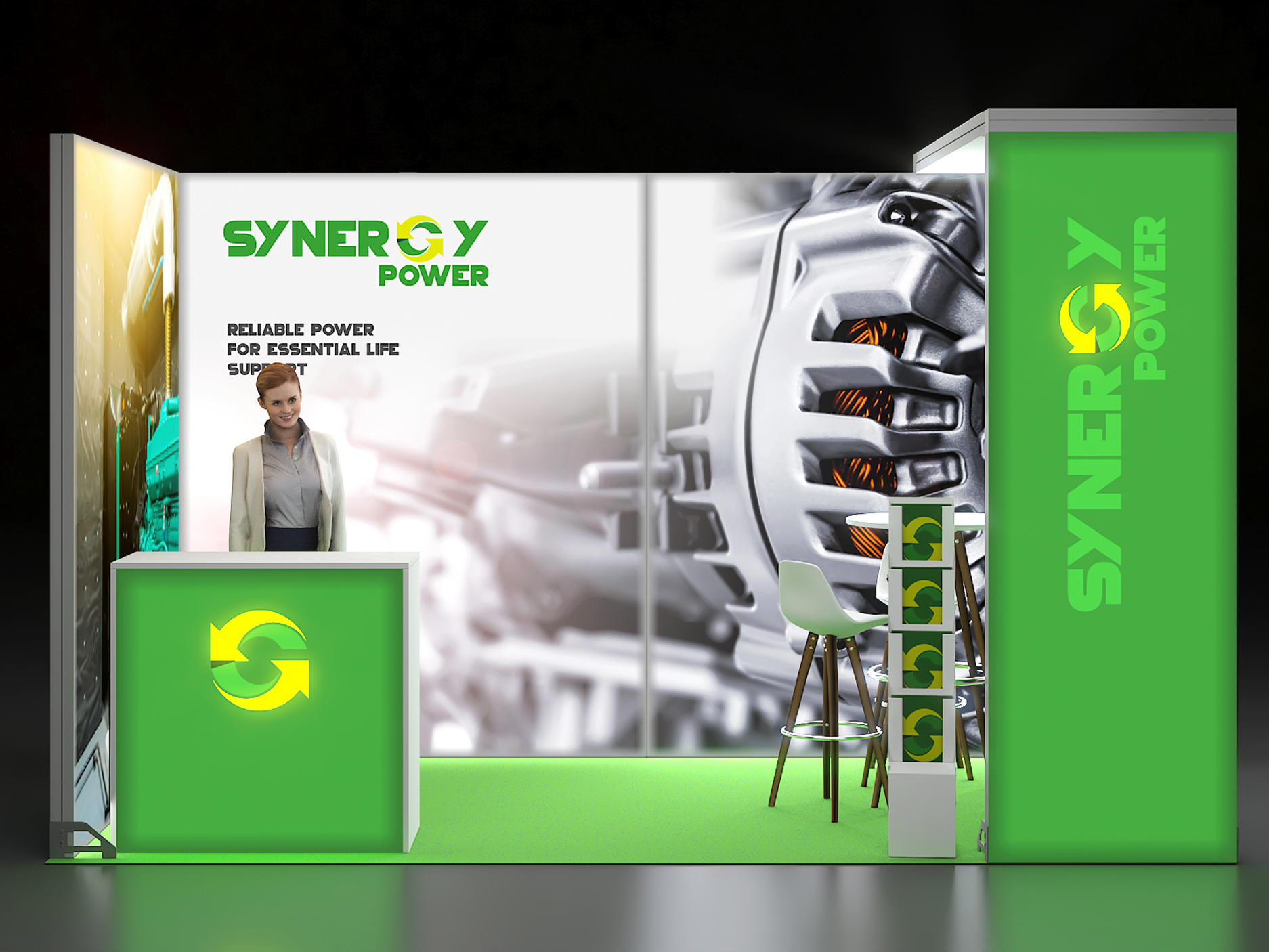 LED Messestand mit Brückenelement und Theke 2